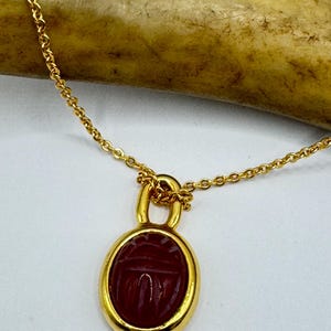 Vintage Red Carnelian Scarab Necklace - 12k Gold Filled Minimalist Stacking Chain