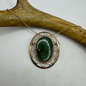 Vintage Gold Filled Jade Brooch Pin - Pendant Style Necklace