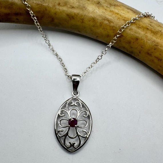 Vintage Pink Ruby Necklace | 925 Sterling Silver … - image 1