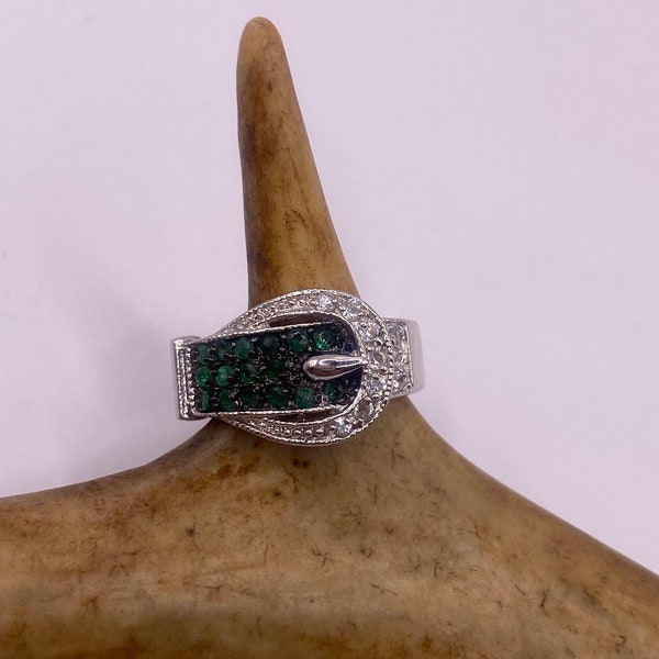 Vintage Silber Ring mit Schnalle | Kristall Diamant Grün Smaragd Boho Cocktail | 925 Sterling Silber antiker Ehering Verlobungsring