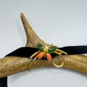 Vintage Green Jade & Pink Coral Butterfly Brooch: 12K Gold Filled Velvet Choker