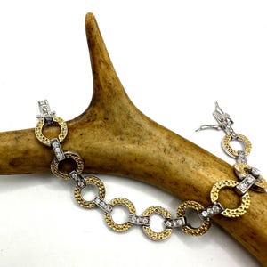 Vintage Link Bracelet | Diamond Look Cubic Zirconia Gemstones Set in Golden 925 Sterling Silver| 7 1/2 Inches