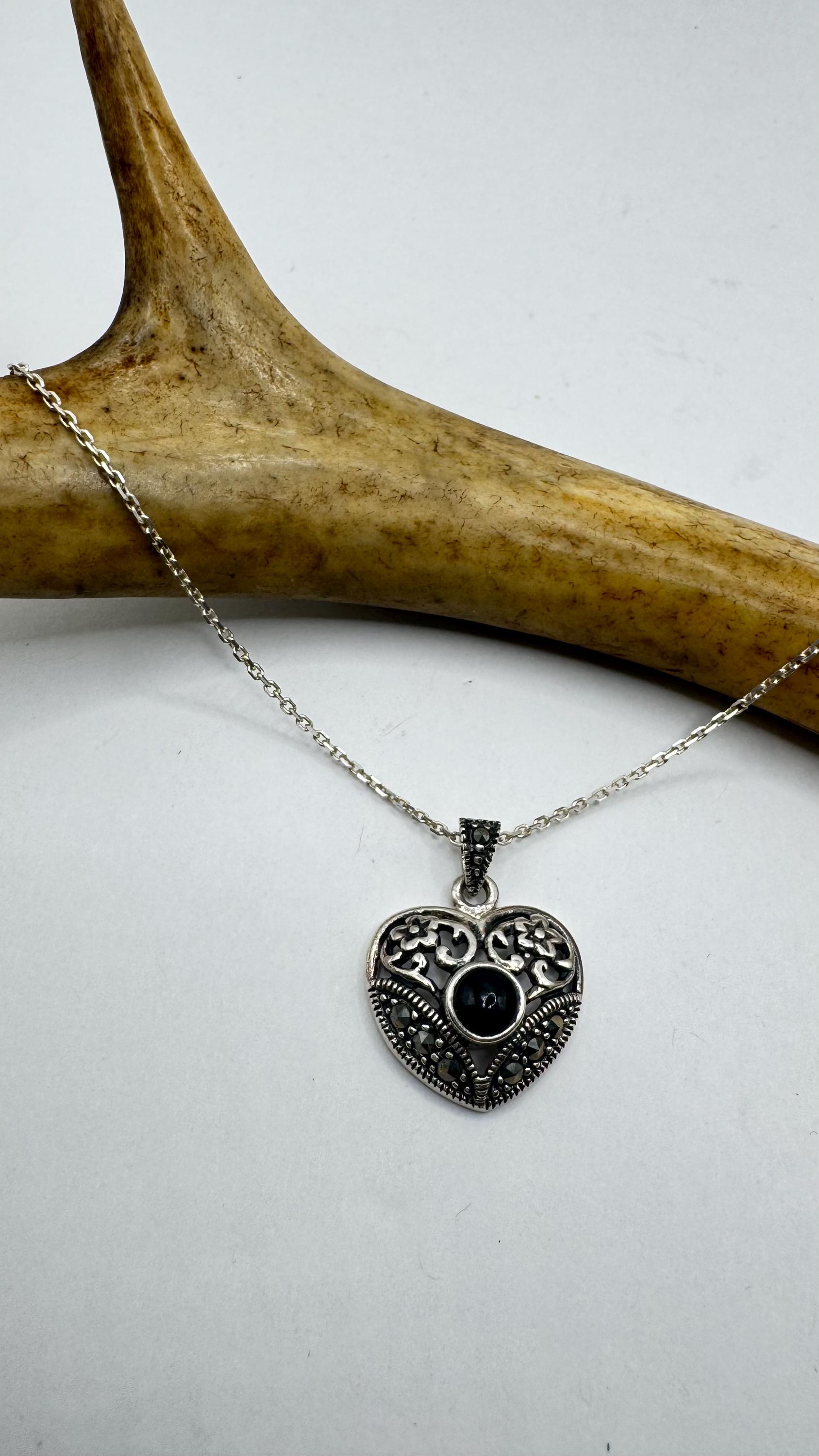 Vintage Black Onyx Marcasite Heart Necklace Dainty 925 Sterling