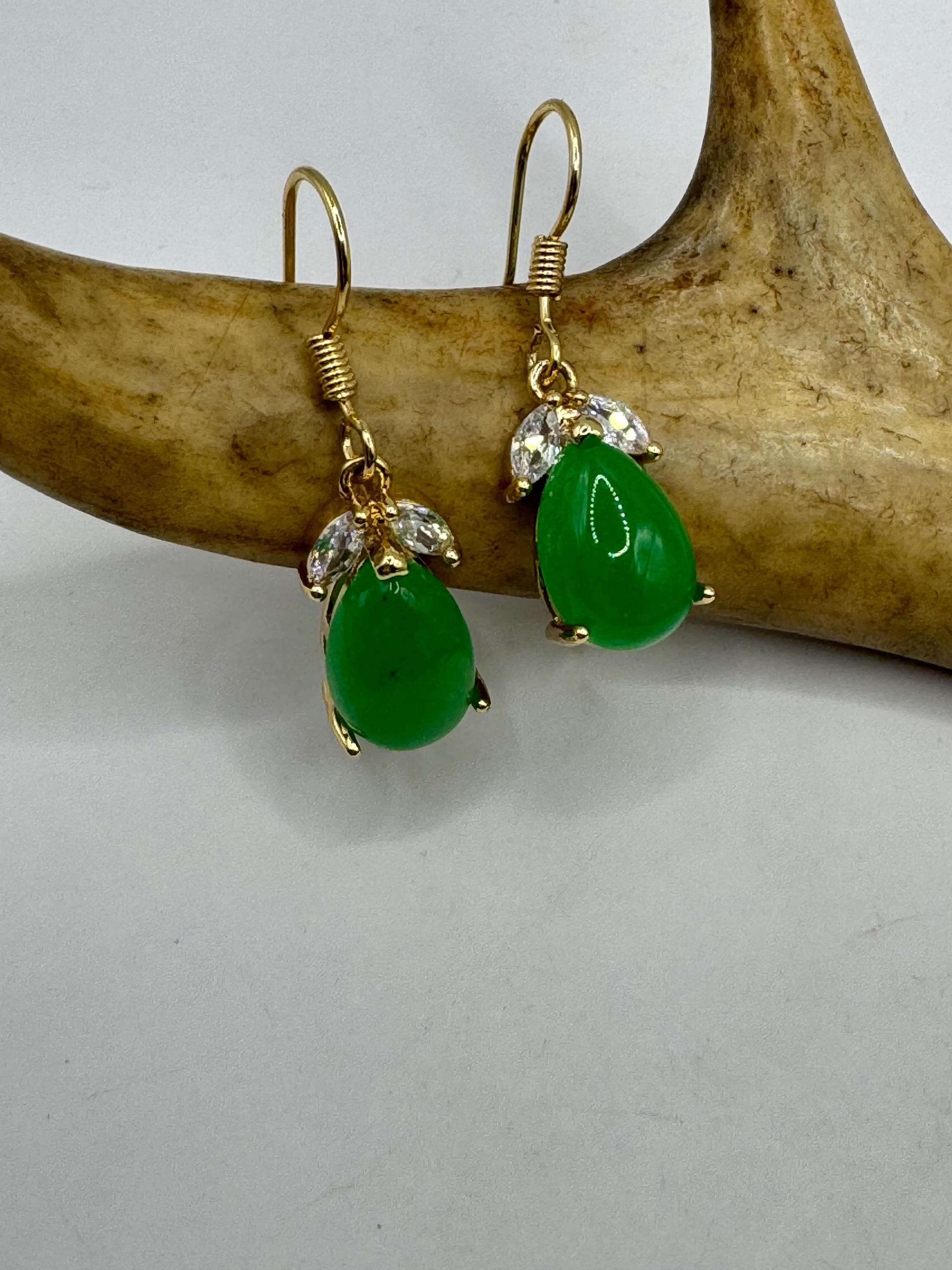 Orecchini Pendenti A Fiore In Giada Verde Naturale E Argento 925 Per Donna - Vintage