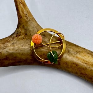 Vintage Gold Filled Brooch: Green Jade & Pink Coral Rose Pin