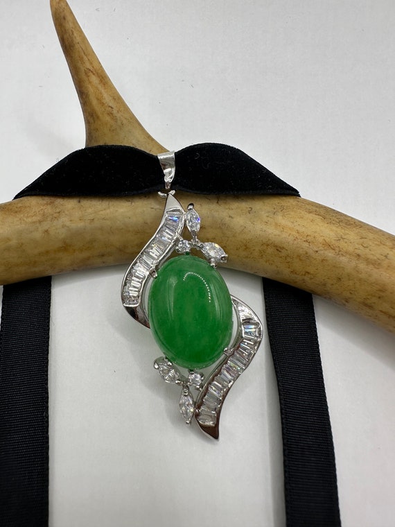Vintage Green Jade Deco Choker Necklace - Silver … - image 3