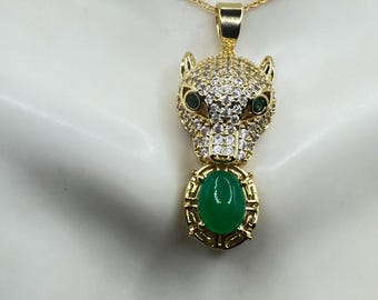 Vintage Gold Panther Necklace: Green Jade Pendant, Gold Filled