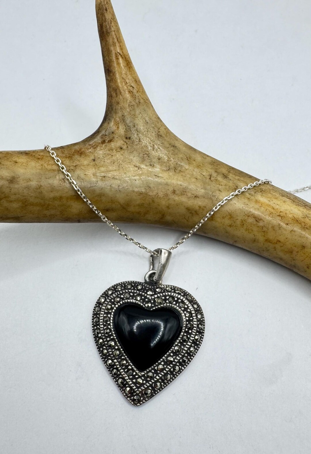 Vintage Black Onyx Marcasite Heart Necklace Dainty 925 Sterling