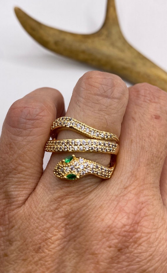 Vintage Gold Snake Ring | Green and Cubic Zirconi… - image 2