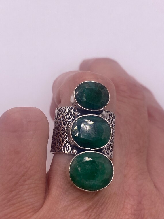Vintage Green Emerald Boho Cocktail Ring Silver B… - image 6
