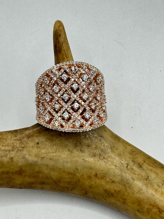 Vintage Rose Gold Sterling Silver Ring: Cubic Zirconia Pave