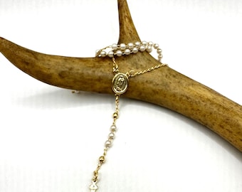 Vintage Gold Rosary Cross | White Freshwater Pearl 9k GF Prayer Necklace