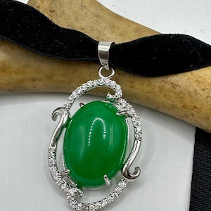 Vintage Grüne Jade Deco Anhänger Choker Halskette - Silber Bronze