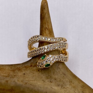 Vintage Gold Snake Ring | Green and Cubic Zirconia Crystal Diamond Gemstones 9k Gold Filled Band | Unique Gift Serpent Statement Ring