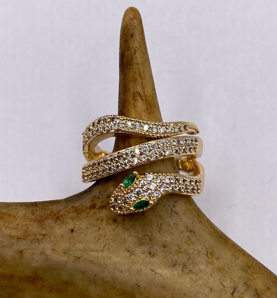 Vintage Gold Snake Ring | Green and Cubic Zirconi… - image 1