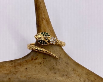 Vintage Gold Snake Ring: Emerald Green CZ 9k Gold Filled Serpent Band