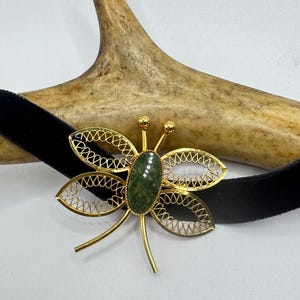Vintage Gold Filled Dragonfly Brooch: Green Jade Velvet Choker