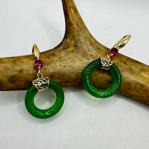 Vintage Gold Jade Medium Hoop Earrings | Bronze Casting with Gold Finish Green Lucky Hoop Earrings