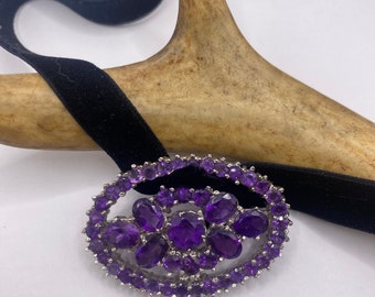 Vintage Brooch Pin | Deco Purple Amethyst | 925 Sterling Silver Pin Brooch Choker Necklace