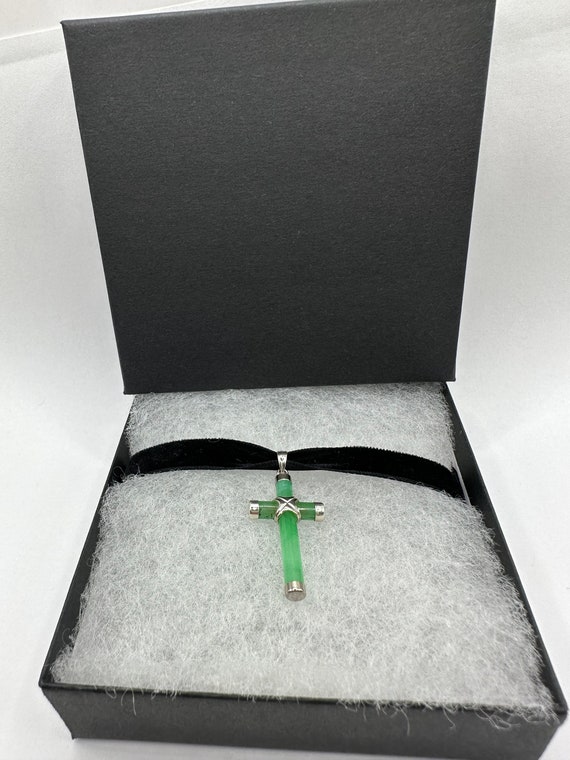 Vintage Silver Jade Pendant | Green Jade Cross Ch… - image 6