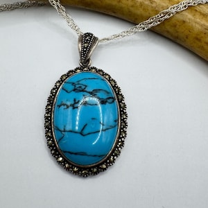 Vintage Turquoise Howlite Silver Gemstone Pendant | 925 Sterling Silver Necklace