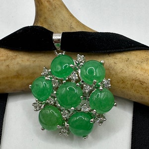 Vintage Grüne Jade Deco Anhänger Choker Halskette - Silber Bronze