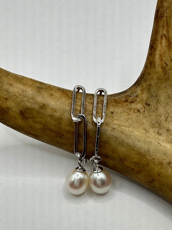 Vintage Silver Earrings | Deco White Pearl 925 St… - image 1