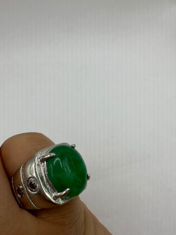 Vintage Silver Green Jade Lucky Cocktail Ring - image 3