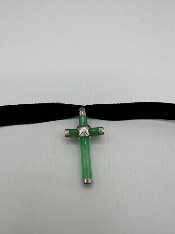 Vintage Silver Jade Pendant | Green Jade Cross Ch… - image 2