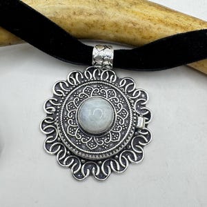 Vintage Poison Pillbox Velvet Choker Photo Locket - Silver Rainbow Moonstone White Bronze, Antique Design  Necklace