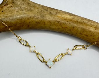 Vintage Opal Necklace | Tiny White Fire Opal Gemstone Crystal Diamond | Golden 925 Sterling Silver Minimalist Charm Pendant Chain Necklace