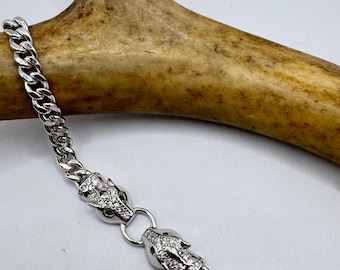 Vintage Sterling Silver Panther Head Bracelet: Green CZ Eyes