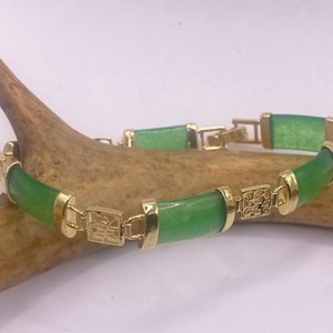 Vintage Gold Tennis Bracelet | Aventurine Crystal Lucky Green Jade Bracelet | Golden Bronze Green Crystal Birthstone Tennis Bracelet