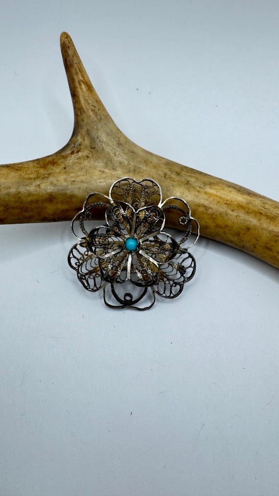 Broche Ancienne Argent Massif 925 - Art Déco/Nouveau, Motif Fleurs Ethnique, Vintage