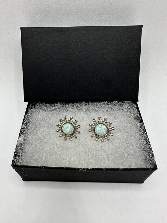 Vintage Silver Earrings | White Fire Opal Stud Bu… - image 7