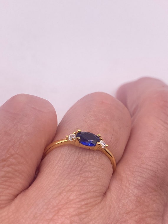 Vintage Blue Tiny Crystal Stacking Ring - Gold 92… - image 2