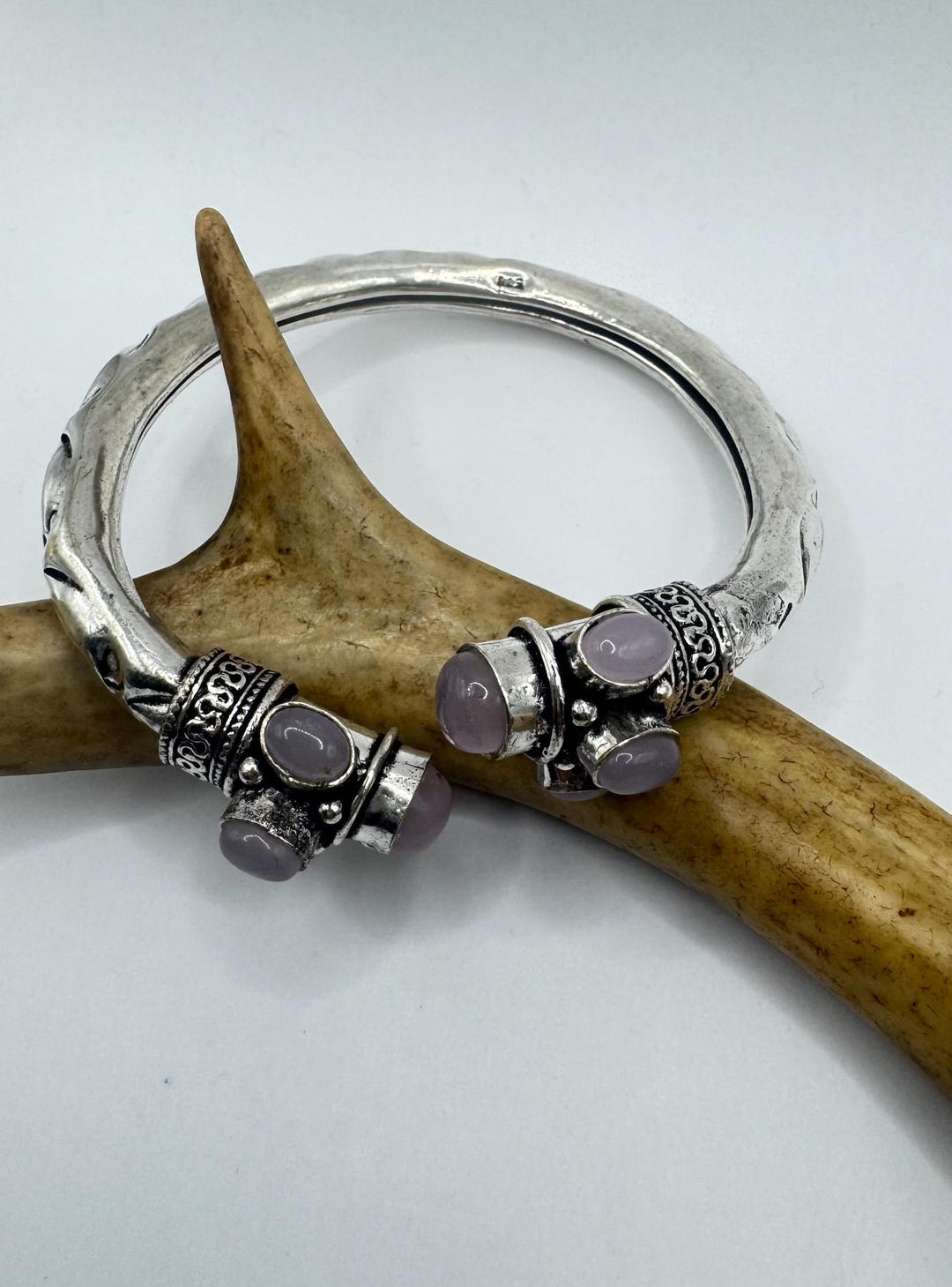 ヴィンテージ ピンクローズクォーツ シルバー バングル カフ