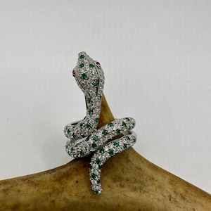 Vintage Snake Ring | Green Chrome Diopside Gemstone Crystal Serpent Ring | 925 Sterling Silver Band Statement Cocktail Ring