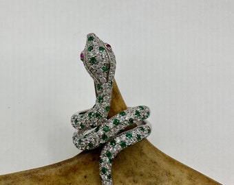 Vintage Snake Ring Green Chrome Diopside Gemstone Crystal Serpent Ring  925 Sterling Silver Band Statement Cocktail Ring