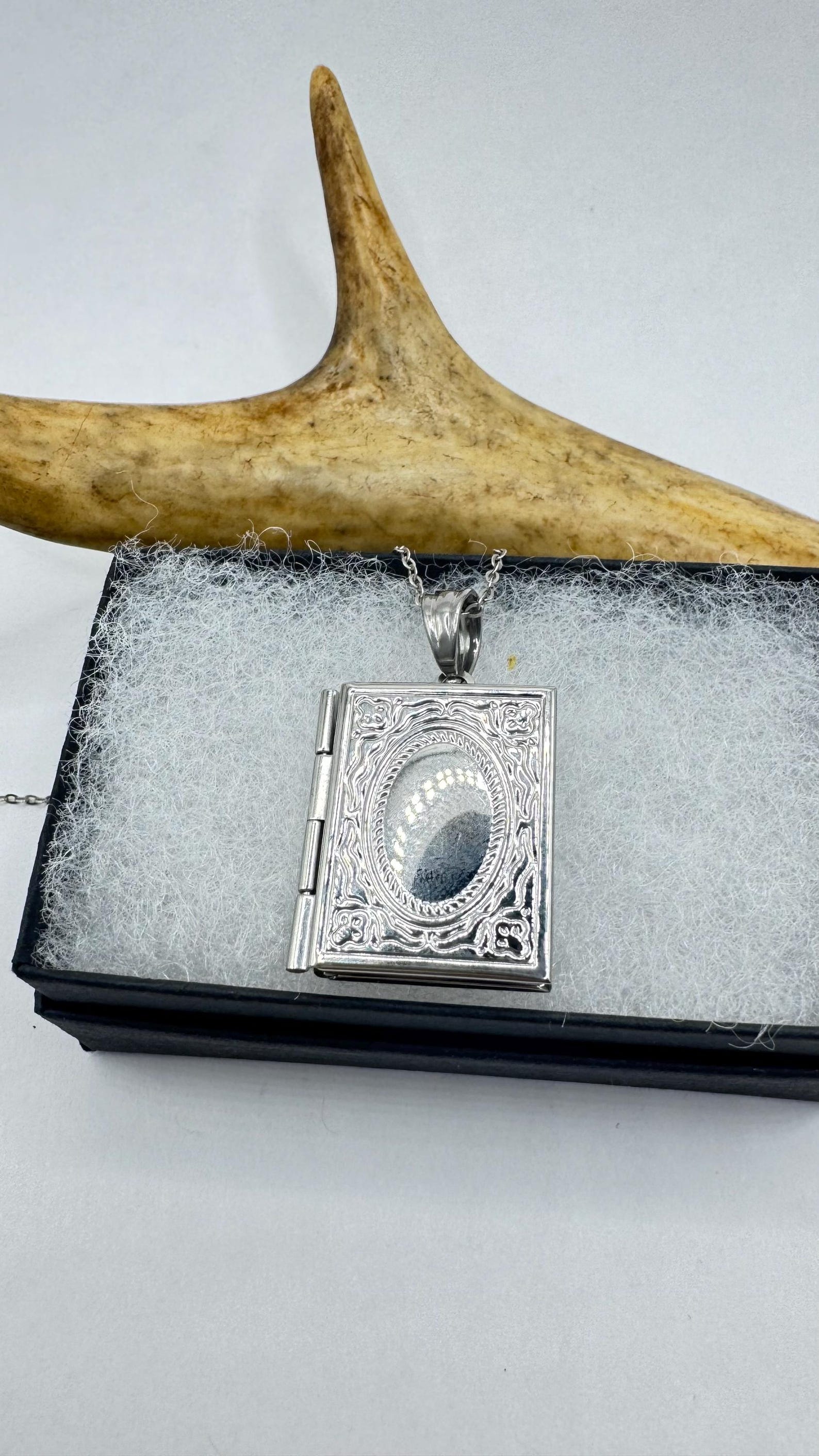 Vintage Book Locket Necklace: Etched Stainless Steel Pendant, Sterling ...