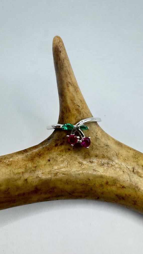 Vintage Sterling Silver Cherry Ring: Ruby & Chrom… - image 1