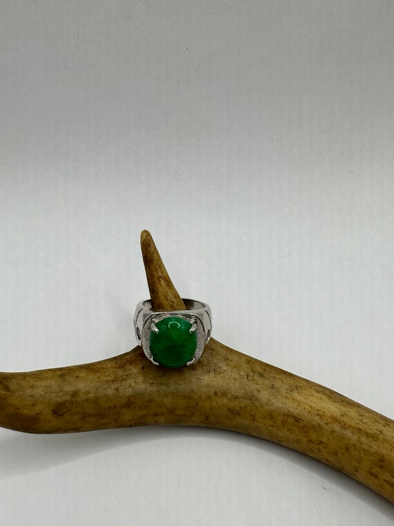 Vintage Silver Green Jade Lucky Cocktail Ring - image 5