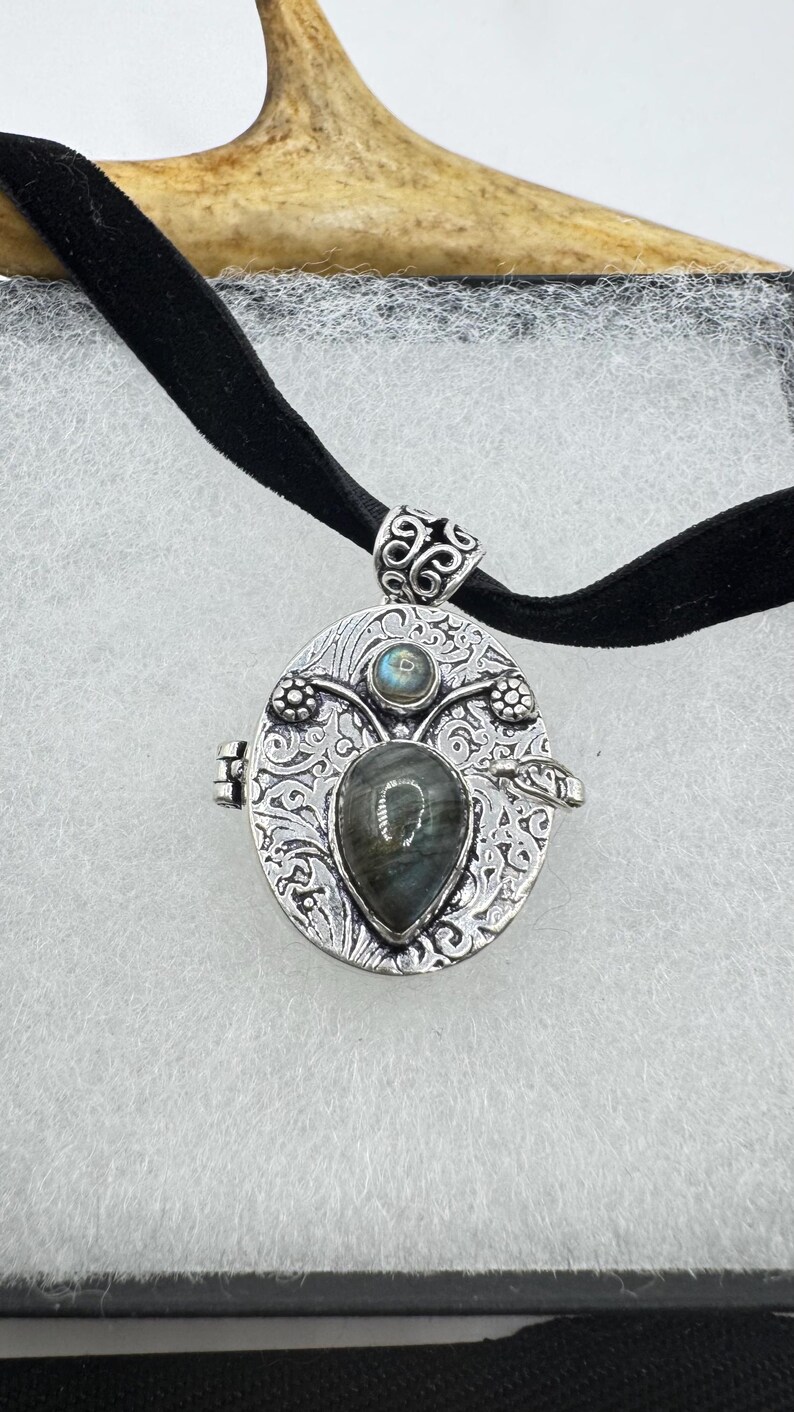 Puede incluir: Un collar de plata con un dije de medall&oacute;n adornado con una piedra de labradorita en forma de coraz&oacute;n y una piedra de labradorita redonda m&aacute;s peque&ntilde;a. El medall&oacute;n tiene un dise&ntilde;o floral intrincado y una abertura con bisagra.