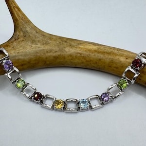 Vintage Tennis Bracelet | Mixed Citrine Amethyst Blue Topaz Peridot Garnet 925 Sterling Silver | Elegant Everyday