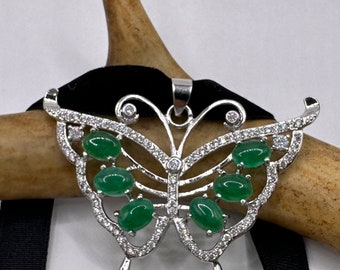 Vintage Butterfly Pendant Choker: Green Jade & Crystal, Silver Bronze