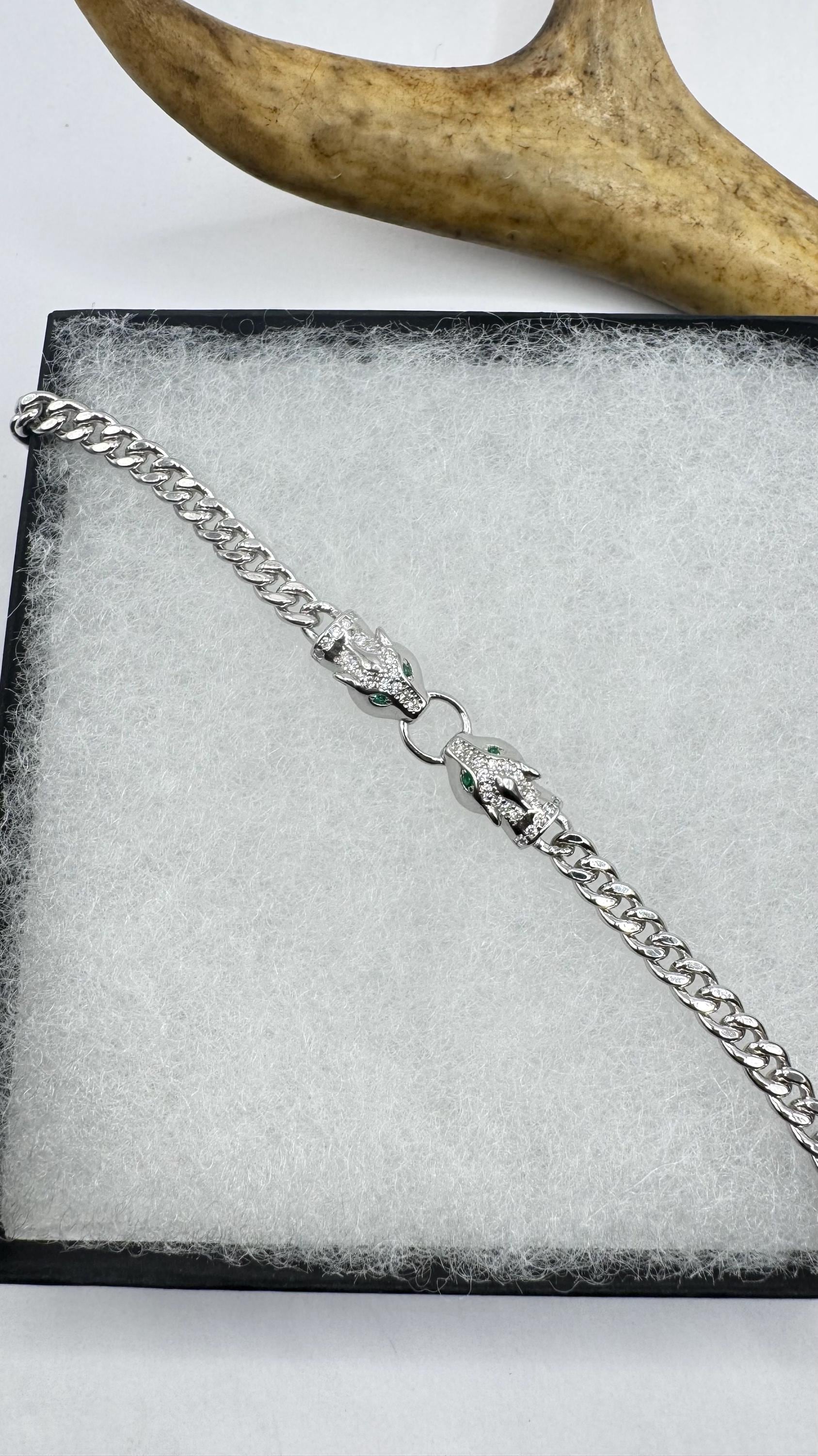 Vintage Sterling Silver Panther Head Bracelet: Green CZ Eyes