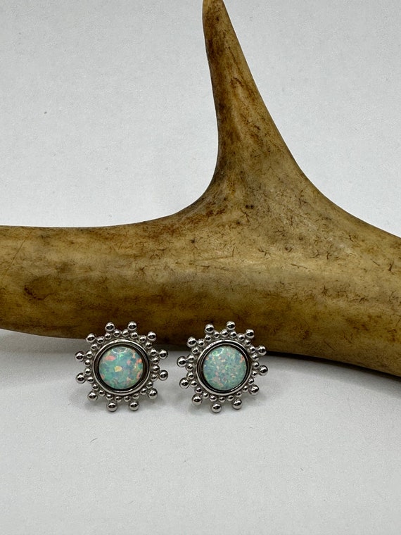 Vintage Silver Earrings | White Fire Opal Stud Bu… - image 1