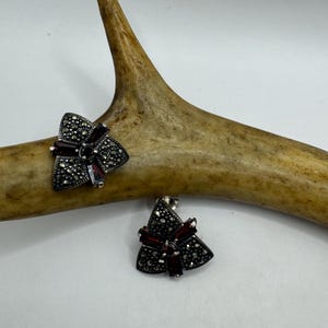 Vintage Marcasite Garnet Earrings: Sterling Silver Art Deco Studs