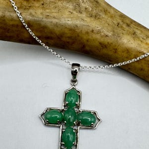 Vintage Grüne Jade Kreuz Deco Choker Anhänger Halskette - 925 Sterling Silber Kette