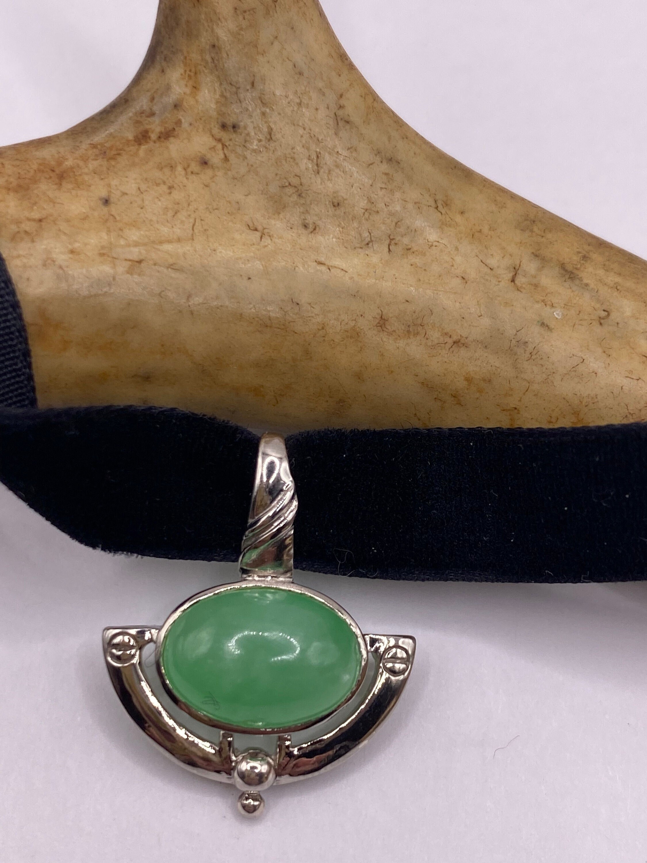 Vintage Silver Pendant | Green Jade Gemstone | 925 Sterling